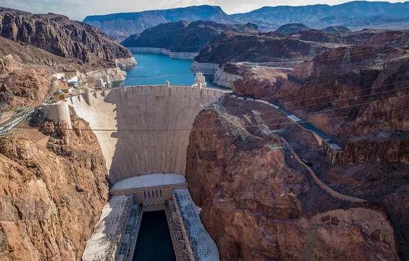 The sky, mountains, lake, rocks, dam