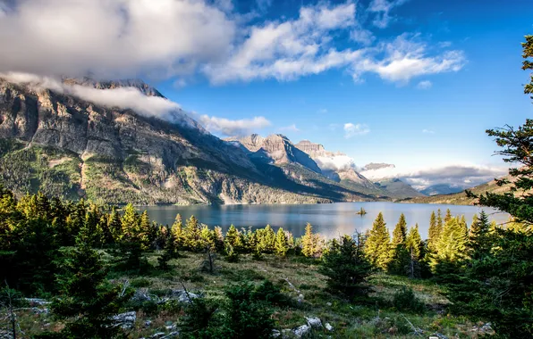 Forest, mountains, nature, lake, Glacier National Park, Montana, St. Mary Lake