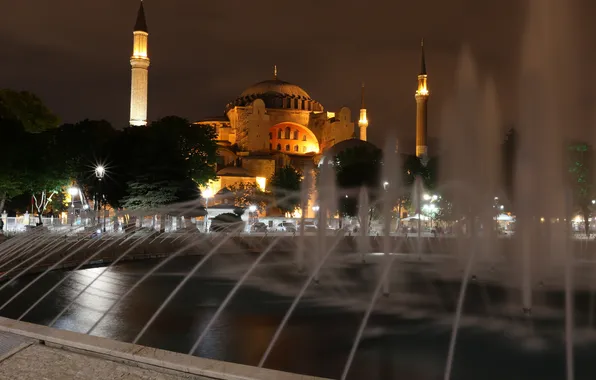 Picture night, lights, Cathedral, fountain, mosque, Istanbul, Turkey, the minaret