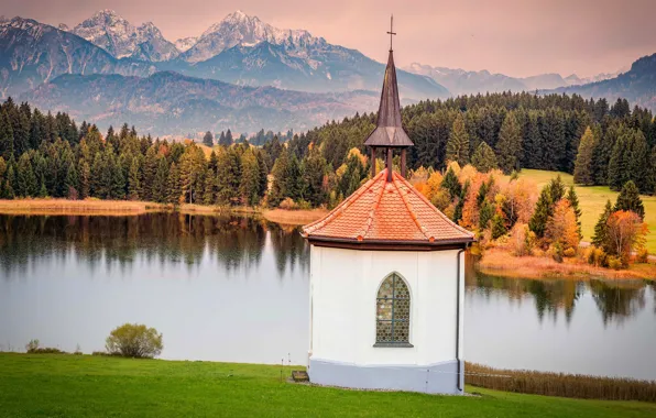 Autumn, forest, mountains, shore, the building, cross, Church, chapel
