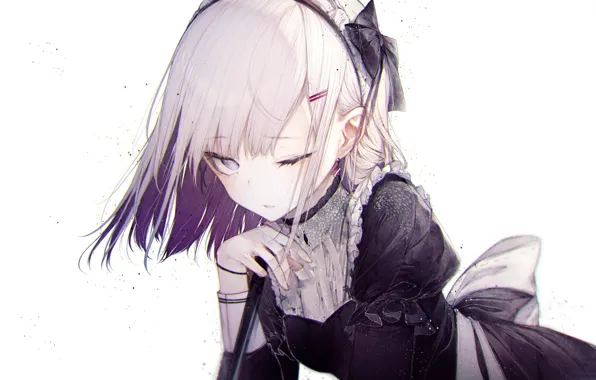 Hand, bow, white hair, the maid, wink, ruffles, bangs