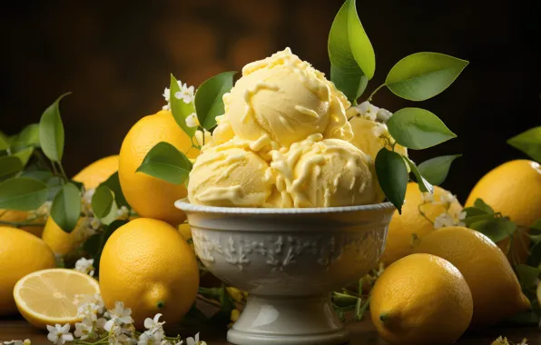 Leaves, balls, flowers, the dark background, lemon, ice cream, yellow, citrus