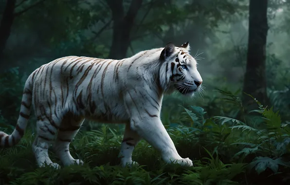 Picture greens, forest, white, look, face, trees, nature, tiger