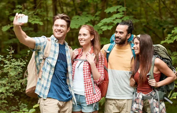 Forest, nature, girls, guys, smile, are, backpacks, tourists