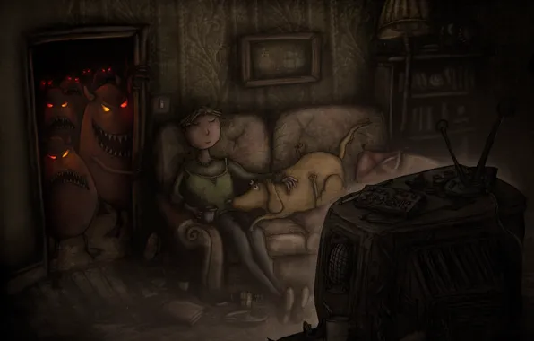 Sofa, dog, Monsters, TV, art