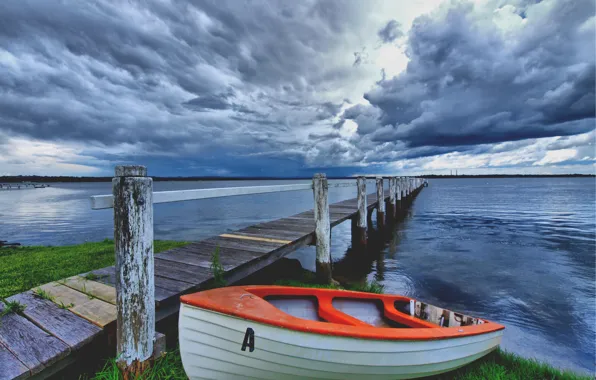 Picture clouds, bridge, lake, shore, boat, The sky, storm