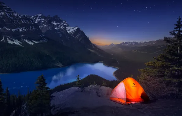Picture light, mountains, night, Canada, tent, journey