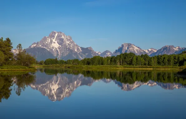 Picture forest, mountains, reflection, river, tops, Wyoming, Wyoming, Grand Teton National Park