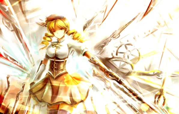 Girl, weapons, anime, art, Mahou Shoujo Madoka Magica, Tomoe Mami, Girl Madoka, syanayuuji