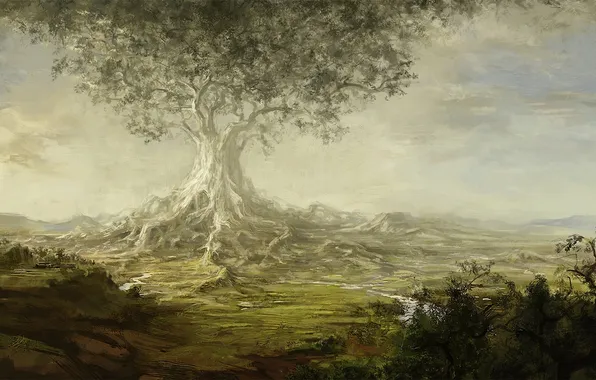 Picture roots, river, tree, valley, art, giant, Ásgeir Jón Ásgeirsson