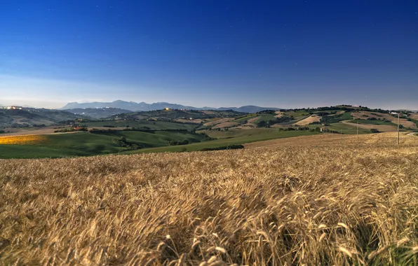 Field, mountains, horizon, Italy, farm, blue sky, Tolentino