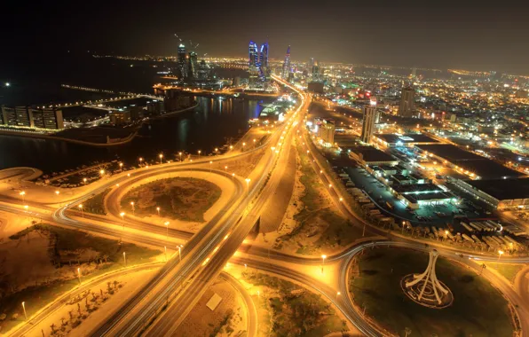 Road, night, lights, building, horizon, Bahrain