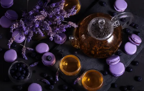 Picture tea, kettle, Cup, lavender, blueberries