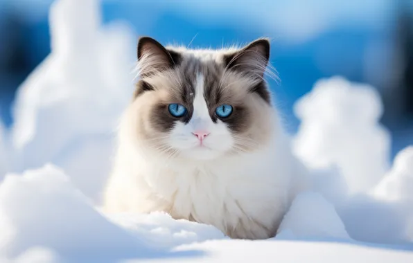Winter, cat, look, snow, kitty, face, ragdoll, AI art