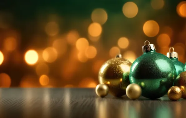 Balls, green, Christmas, New year, green background, gold, side, Christmas decorations