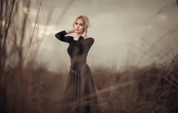 Grass, skirt, portrait, figure, hairstyle, blonde, blouse, beautiful