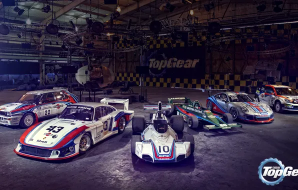 Picture Top Gear, Porsche 935/78 “Moby Dick”, Brabham BT44, Porsche 911 GT3 Cup, Ford Focus WRC, …