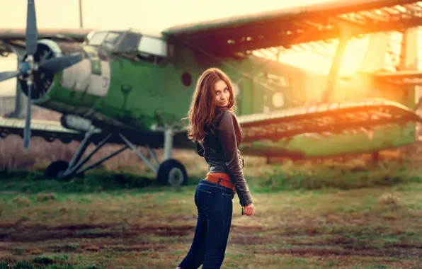 Picture girl, Model, long hair, photo, sunset, brown, blue eyes, airplane