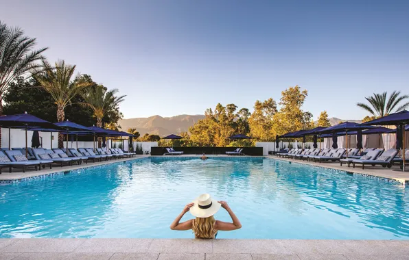 Palm trees, pool, CA, resort, California, sun loungers, Ojai valley Inn, umbrellas