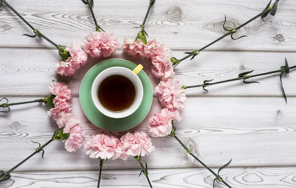 Flowers, pink, wood, pink, carnation, flowers, cup, coffee