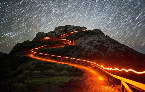 Picture road, the sky, night, lights, lights, rock, darkness, mountain