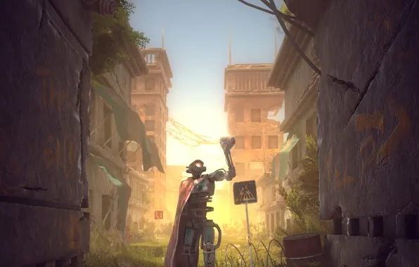 Sign, street, building, robot, devastation, barrel, Sci-Fi Unity Project