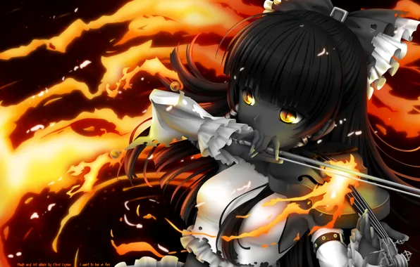 Fire, violin, bow, touhou, yellow eyes, hakurei reimu, the cat's pupil