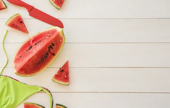 Swimsuit, Board, watermelon, knife, light background, slices, slices