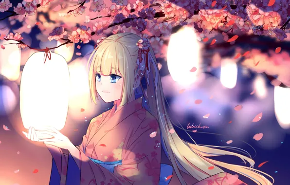 The wind, Sakura, girl, kimono, lanterns, flowering, long hair, art