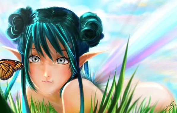 Grass, girl, butterfly, fairy, art, ears