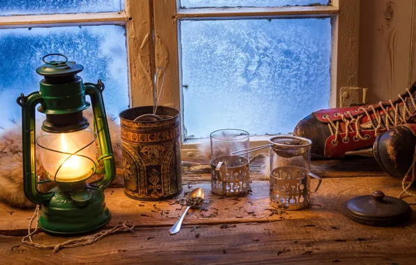 Winter, lamp, window, still life