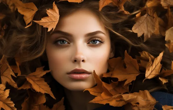 Autumn, look, girl, nature, face, foliage, portrait, lies