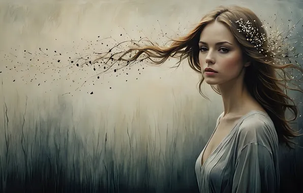 Look, girl, hair, portrait, grey background, white blouse, imitation painting, AI art