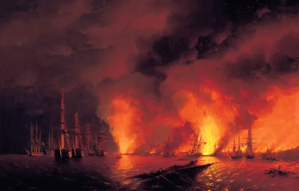 Picture sea, night, ships, picture, the battle, battle, genre, Ivan Aivazovsky