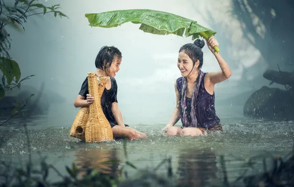 Picture joy, smile, river, rain, bathing, the shower, river, rain