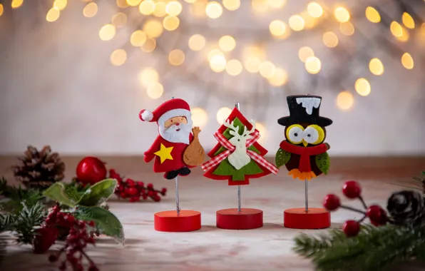 Branches, lights, table, owl, bird, toys, star, hat