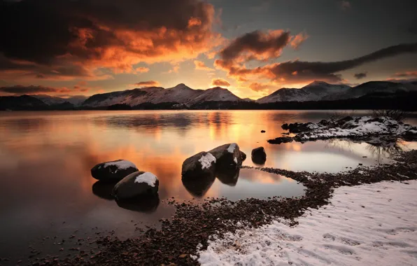Water, clouds, snow, stones