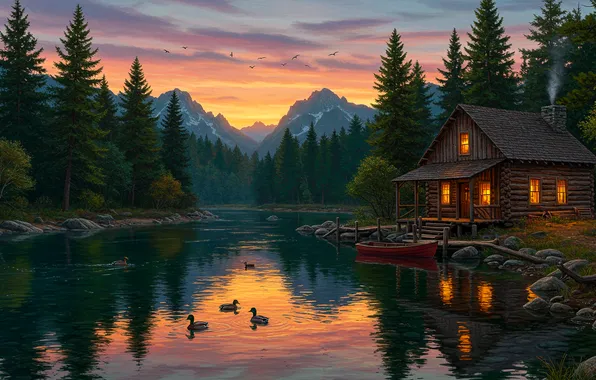 Sunset, lake, boat, figure, art, wallpaper, house, house