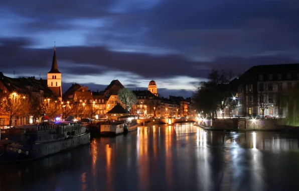 Lights, reflection, river, Strasbourg