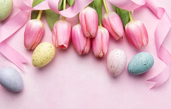 Flowers, eggs, spring, Easter, tulips, happy, pink, flowers