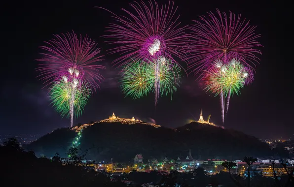 Picture landscape, mountains, the city, holiday, beauty, the evening, fireworks