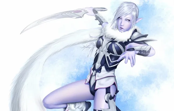 Sword, art, fur, elf, Emanuel Mendez