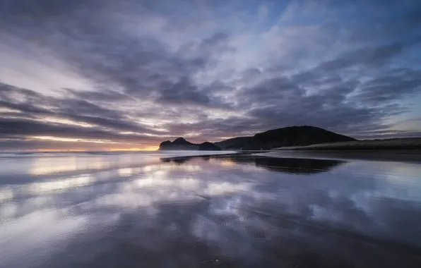 Picture sea, beach, sunset, reflection, hill