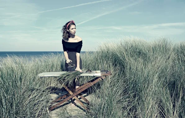 Girl, iron, on the shore, Ironing, Beach Grass