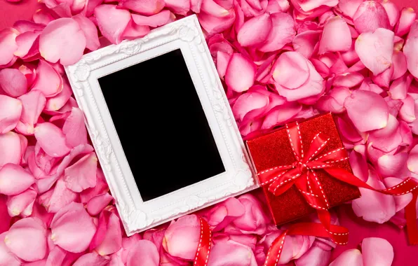 Picture flowers, gift, roses, frame, petals, silk, pink, fresh