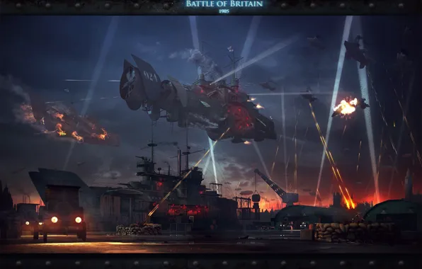 Night, ship, port, glow, Battle of Britain
