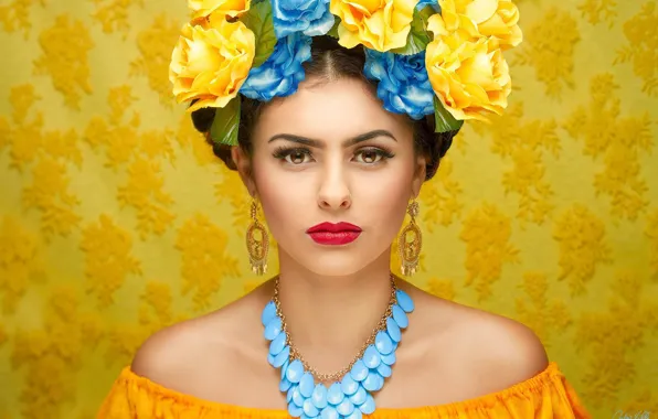 Picture look, girl, flowers, face, style, background, portrait, earrings