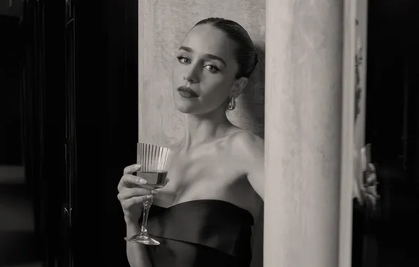Look, girl, photo, glass, dress, black and white, Emilia Clarke