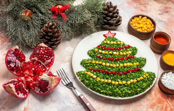 Greens, branches, red, table, plate, Christmas, New year, pepper