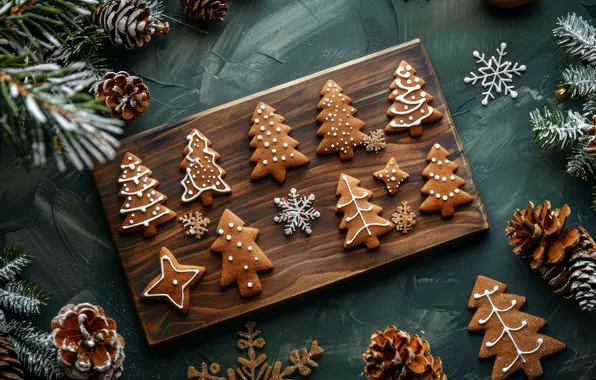 Snowflakes, branches, cookies, Christmas, New year, needles, bumps, glaze